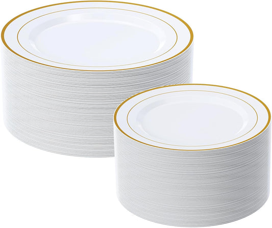FOCUSLINE Silver Plastic Plates Set of 60, Disposable Plates with Silver Rim 30 Dinner Plates 10" and 30 Salad Dessert Appetizer Plate 7", Elegant Fancy Heavy Duty Wedding Party Plates