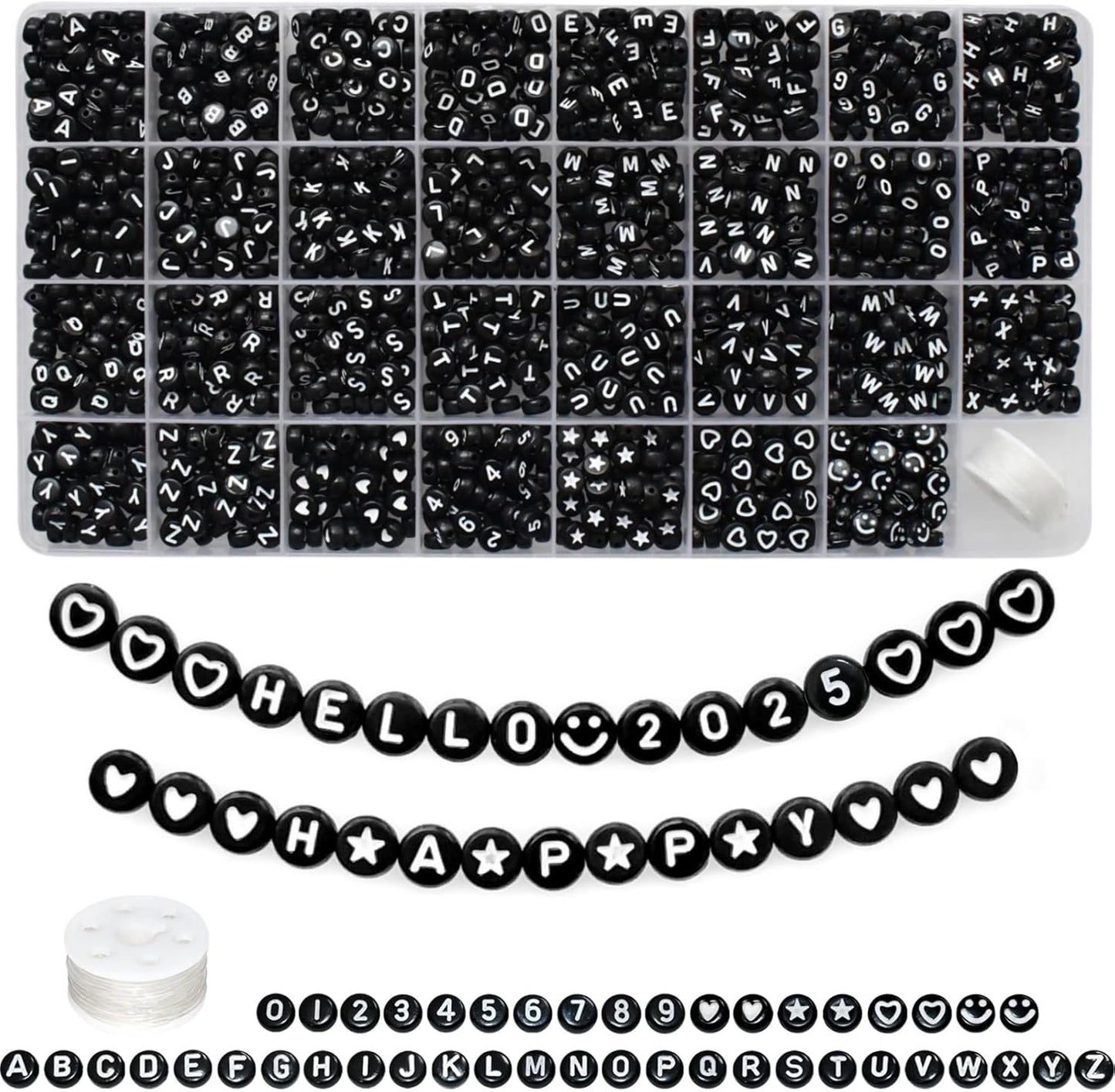 Amaney 1400pcs Glow Letter Beads, Heart Beads Whit Elastic Beading Cord,4x7mm Round Acrylic Alphabet Beads for Friend Bracelet Jewelry Making