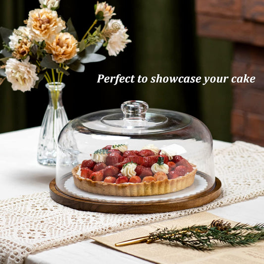 ANBOXIT Cake Stand with Dome Lid, Acacia Wood Cake Plate with Cover, Wooden Cake Display Stand with Acrylic Dome - Footed