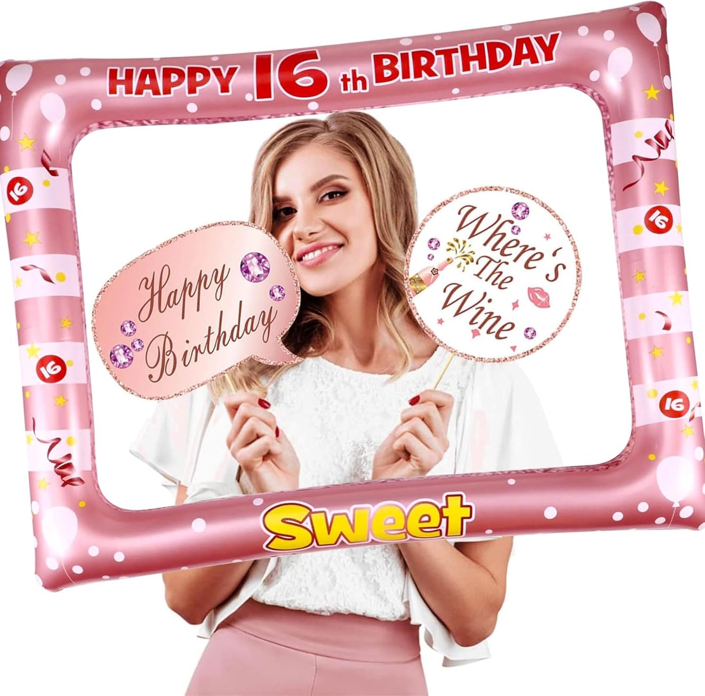 16th Sweet Birthday Inflatable Selfie Photo Frame with Photo Booth Props Set,16th Birthday Party Selfie Props and Frame(24x28 Inches) for Pictures and Decorations Girls 16th Birthday Party Supplies