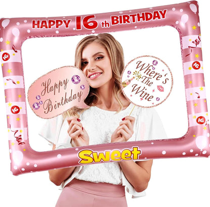 16th Sweet Birthday Inflatable Selfie Photo Frame with Photo Booth Props Set,16th Birthday Party Selfie Props and Frame(24x28 Inches) for Pictures and Decorations Girls 16th Birthday Party Supplies