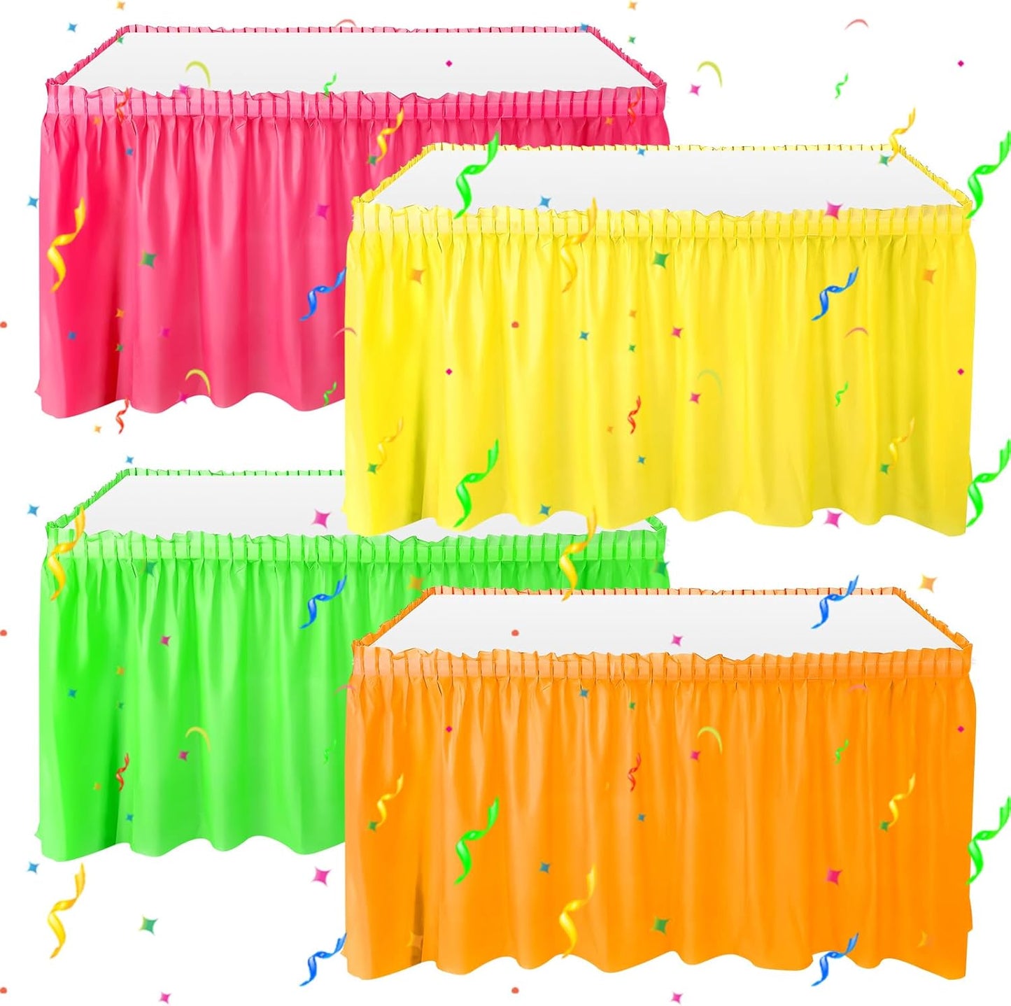 4 Pcs Neon Party Table Skirts 29 in x 14 Ft, Neon Party Favors Plastic Disposable Table Skirts for Rectangle Desks for Fluorescent Birthday Wedding Desk Decor, Green, Yellow, Rose Pink and Orange