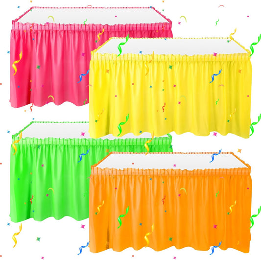 4 Pcs Neon Party Table Skirts 29 in x 14 Ft, Neon Party Favors Plastic Disposable Table Skirts for Rectangle Desks for Fluorescent Birthday Wedding Desk Decor, Green, Yellow, Rose Pink and Orange
