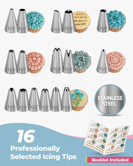 Kootek 124Pcs Icing Piping Bags and Tips Set, Cake Decorating Kit with 100 Anti Burst Piping Bags 12 Inch, 16 Icing Tips, Reusable Pastry Bag, 3 Scrapers, 2 Couplers, 2 Bag Ties (Blue)