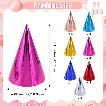 CANREVEL 28 PCS Pre-Assembled Party Hats for Adults, Party Supply for Party Decorations, Party Headwear for Birthday Celebration for Women Men, Shiny