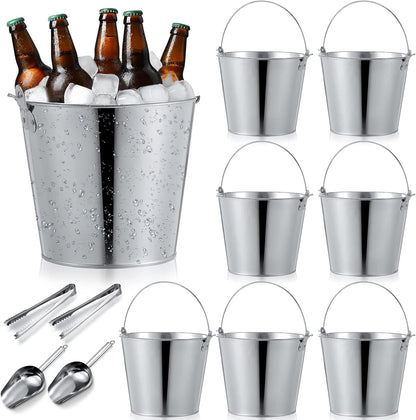 Mumufy 12 Pcs 10l Large Metal Beer Bucket 10.6 x 10.2 x 7.5'' with Ice Shovels and Tongs Galvanized Metal Ice Bucket Tin with Handle for Summer Pool Wedding Party Supplies Wine Champagne Bar