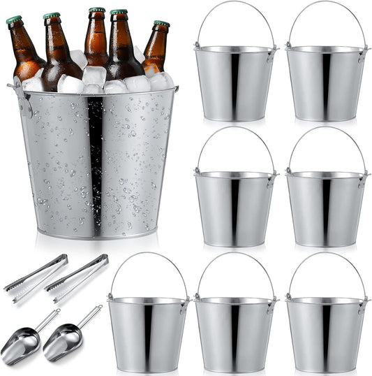 Mumufy 12 Pcs 10l Large Metal Beer Bucket 10.6 x 10.2 x 7.5'' with Ice Shovels and Tongs Galvanized Metal Ice Bucket Tin with Handle for Summer Pool Wedding Party Supplies Wine Champagne Bar
