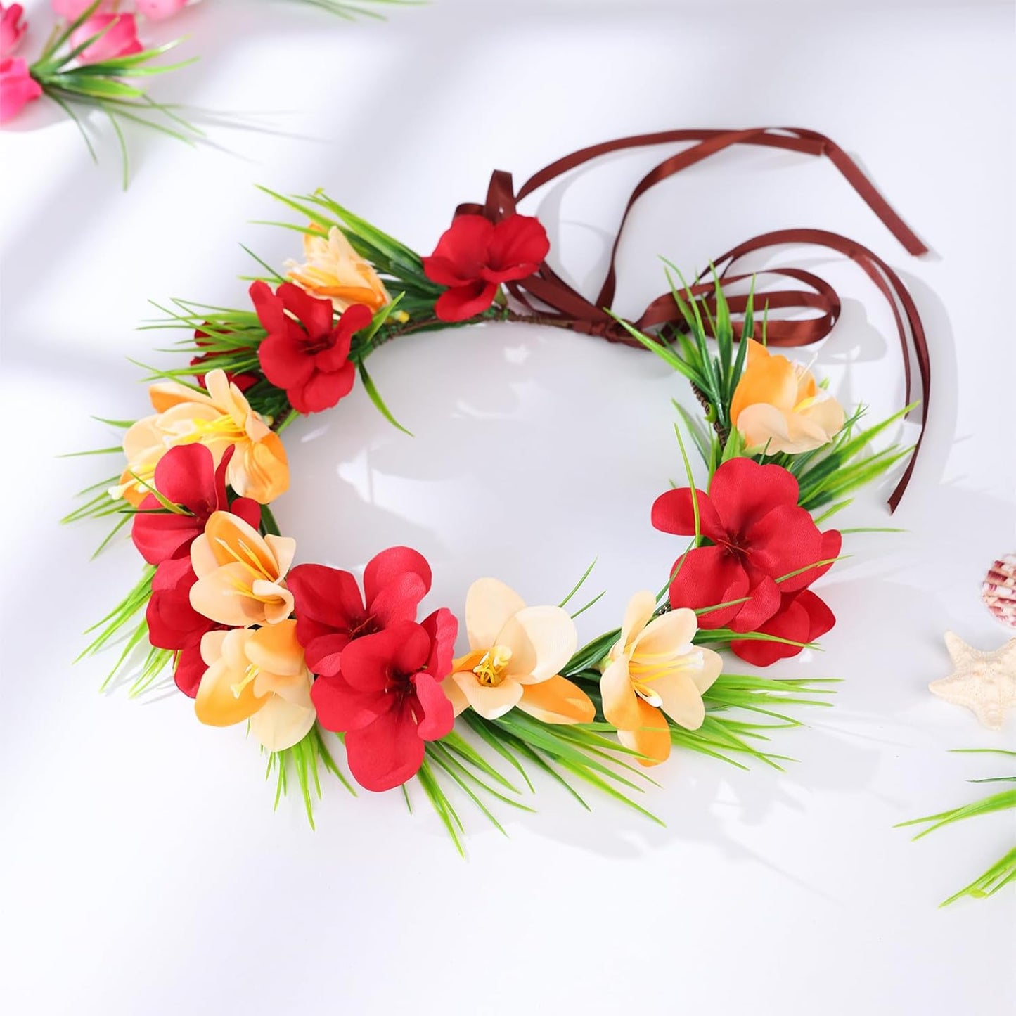 5 PCS Hawaiian Leis Flower Crown Set - Leis for Luau Party Tropical Orange Red Flower Crowns for Women Hawaiian Leis for Adults Flower Headband Summer Beach Hawaiian Party Decorations Accessories