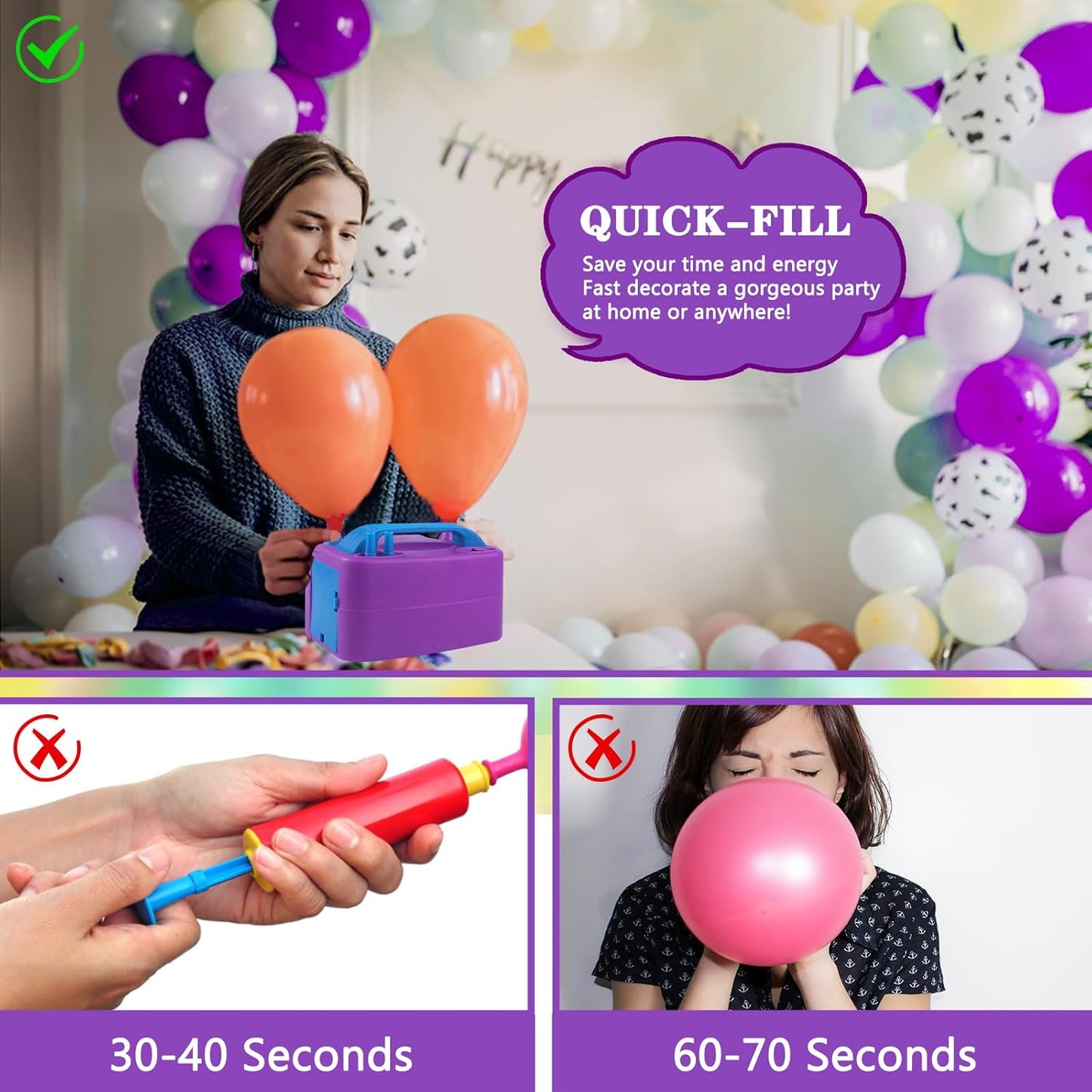 QIPUMP Balloon Pump Electric,110V 600W Balloon Blower Inflator Dual Nozzle Air Pump Balloons Inflator for Decoration, Party, Sport,Gifts:2 Balloon Tying Tools