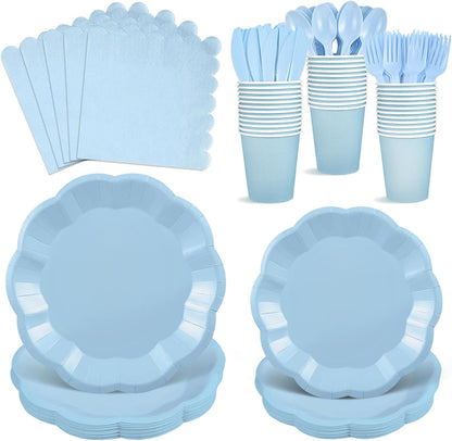 NatNarr 175 Pcs Sage Green Plates and Napkins Set, 25 Guest Sage Green Party Supplies Include Scalloped Paper Plate Napkin Cup Forks Knives Disposable Plastic Cutlery for Wedding Baby Shower Birthday