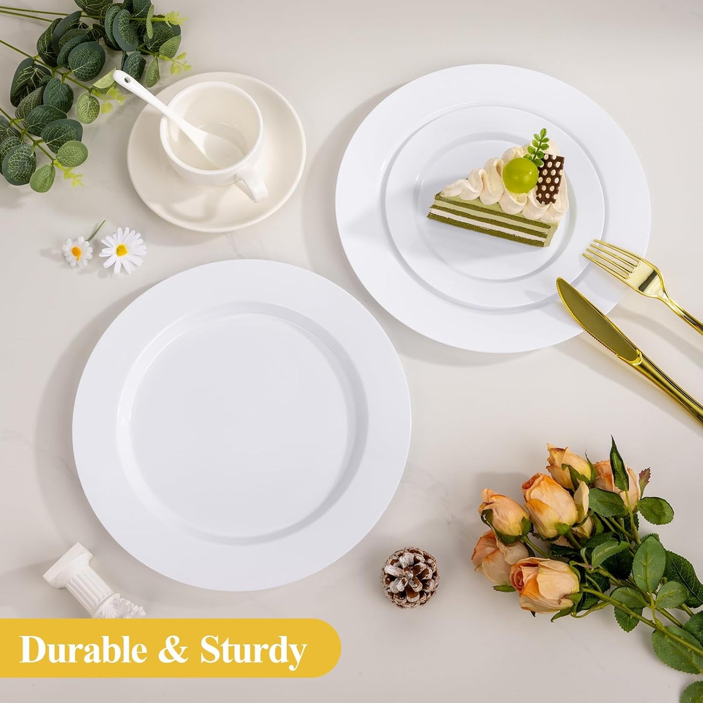 Goodluck 200PCS Gold Plastic Plates, Heavy Duty Disposable Gold Plates with 100 10.25 inch Dinner Plates and 100 7.5 inch Dessert Plates for Party, Holiday, Wedding, Thanksgiving
