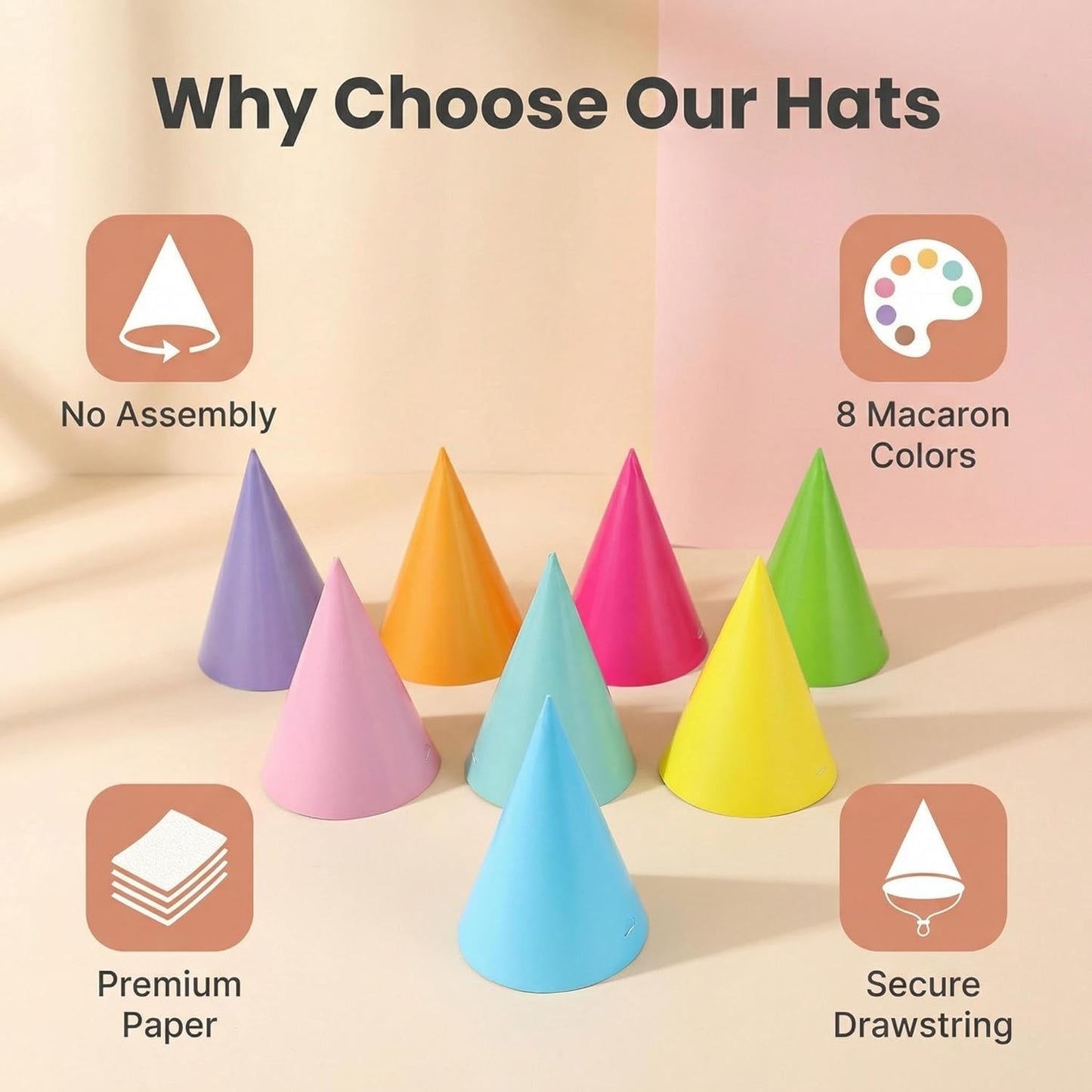 Pre-Assembled Pastel Party Hats for Kids, Birthday Party Hats for Adults