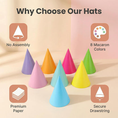Pre-Assembled Pastel Party Hats for Kids, Birthday Party Hats for Adults