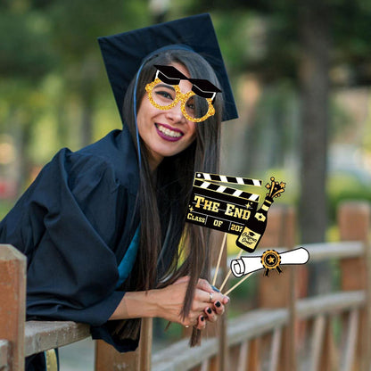 2026 Graduation Photo Booth Props & Selfie Frame Set, 30Pcs Black Gold Congrats Grad Party Photo Props with 1Pc Selfie Frame for Class of 2026 Graduation Decorations Party Supplies Gifts