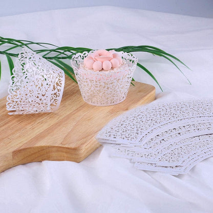 50 Pcs White Pearl Lace Laser Cut Filigree Wedding Cupcake Wrapper Baking Cake Cups Wraps Cupcake Muffin Case Trays for Special Occasions