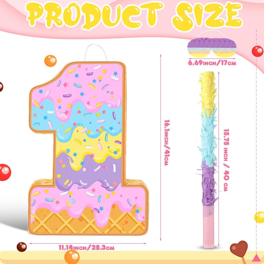 Aoriher Summer Birthday Piñata Ice Cream Game Set Summer Number Piñata with Bat Stick Blindfold Mask for Sundae Theme Birthday Baby Shower Party Game Supplies Decor(Number 4)