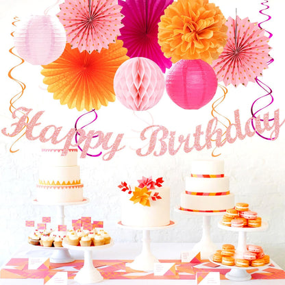 Champagne-Gold Beige Fall Boho Birthday Party-Decorations - 21pcs Autumn Neutral Retro Happy Banner,Girl One Sweet Peach Paper Streamers Lanterns,Tissue Pom Poms Fan,Rustic Backdrop Decor Huglony