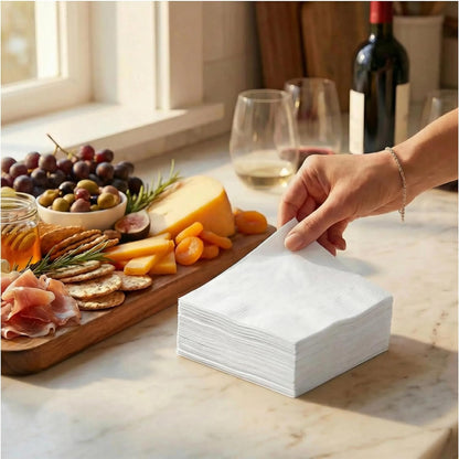 AH AMERICAN HOMESTEAD Cocktail Napkins-Disposable Beverage/Bar Napkins-White Linen-Like Square Napkins-Eco-Friendly & Compostable-Everyday Use, Party or Wedding 4.75inch x 4.75inch (100 Count, White)