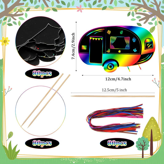 RoundFunny 80 Pcs Camping Scratch Cards for Adult Camping Party Supplies Colorful Scratch DIY Paper Art Craft Kit with 80 Pcs Stick and Ribbon for Themed Birthday Party Decor