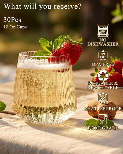 Ciaell 30 Pack Pink Plastic Ribbed Wine Glasses, 12 OZ Origami Stemless Disposable Wine Champagne Whiskey Glasses Unbreakable Clear Plastic Cocktail Glasses, Wine Cups for Party Wedding