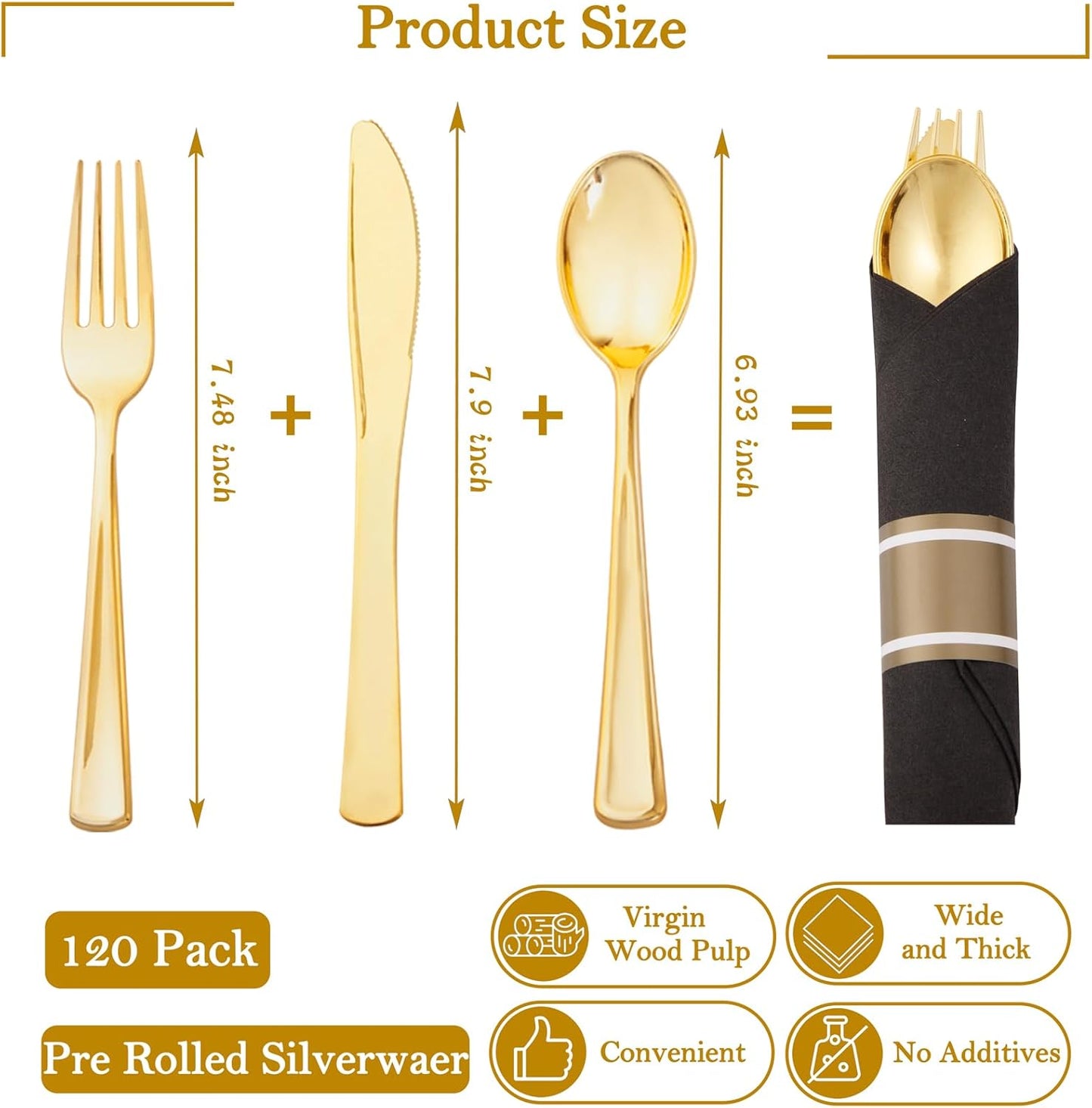Supernal 240 Silver Plastic Silverware Set - 60 Sets Pre Rolled Napkins with Cutlery - Mirror Polished Real Look Disposable Silver Utensils- Elegant Heavy Duty Flatware for Weddings & Catering
