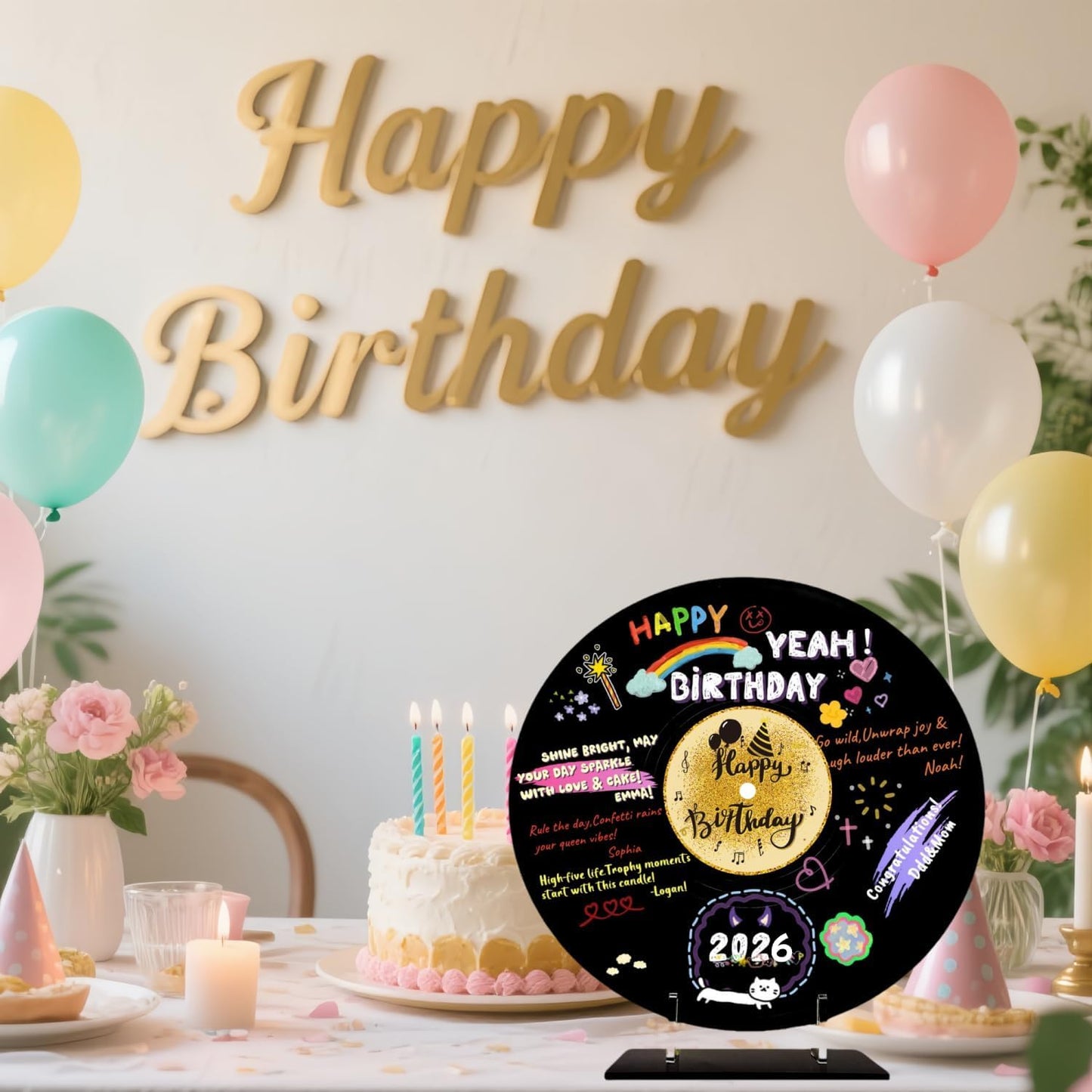 REEGII Vinyl Record Style Birthday Guest Book for Birthday Decorations - Large 11.6"x11.6" Sign-In Poster with 12 Pens | Unique Keepsake Gift for Birthday Party Decor (Happy Birthday, Golden, 11.6"L x 11.6"W)