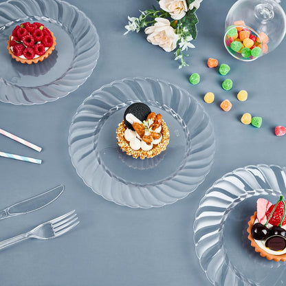 FOCUSLINE 100 Count 6 Inch Clear Plastic Plates, Disposable Heavy Duty Salad Dessert Plates- Premium Hard Plastic Plate Fancy Disposable Clear Plate for Weddings, Parties and Events
