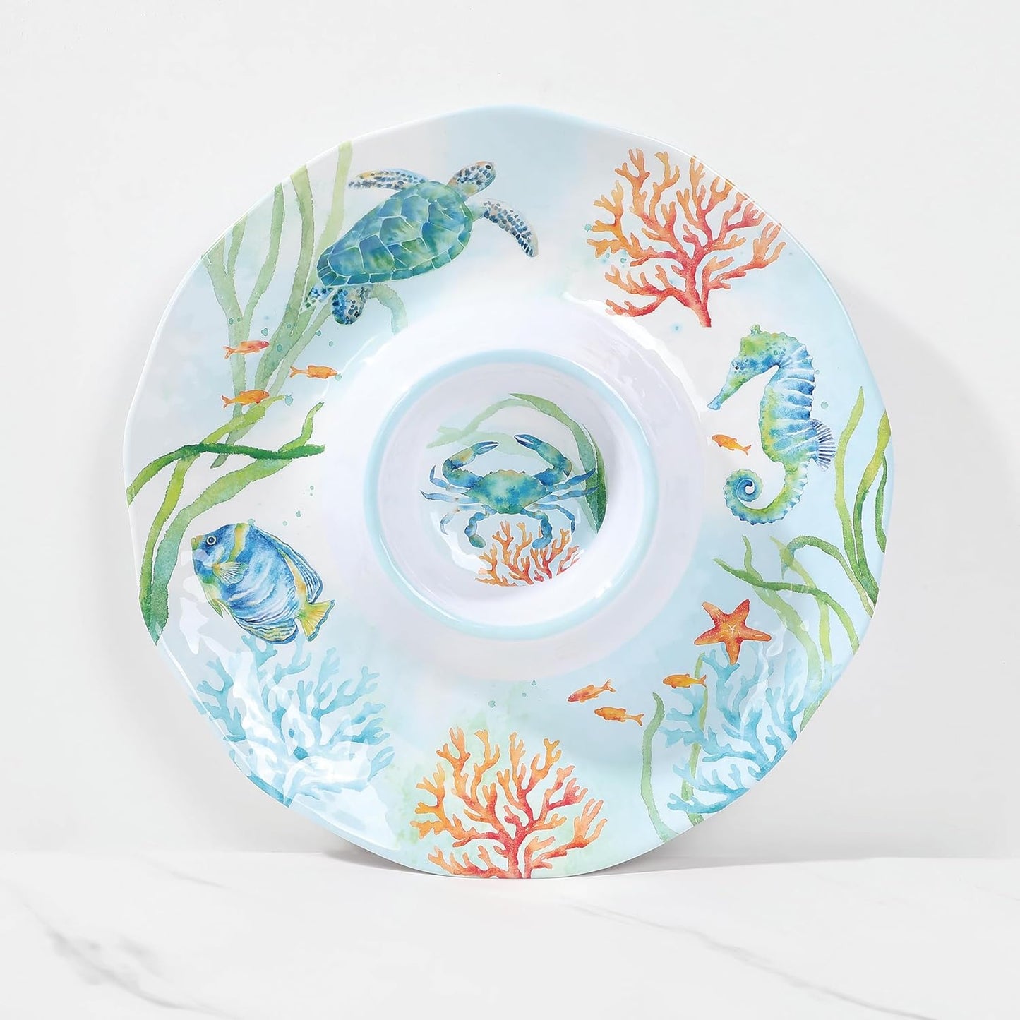 UPware Sea Life Melamine Chip and Dip Serving Tray, Round Serving Platter for Chips, Salsa, Fruit, and Snacks, Multicolor, 13.5 Inch