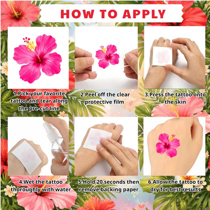 96PCS Tropical Flower Hawaiian Temporary Tattoos Pre-Cut - Hibiscus Plumeria Stickers Beach Summer Hawaiian Birthday Party Decorations, Supplies & Favors - School Gifts Rewards Prizes for Girls Women
