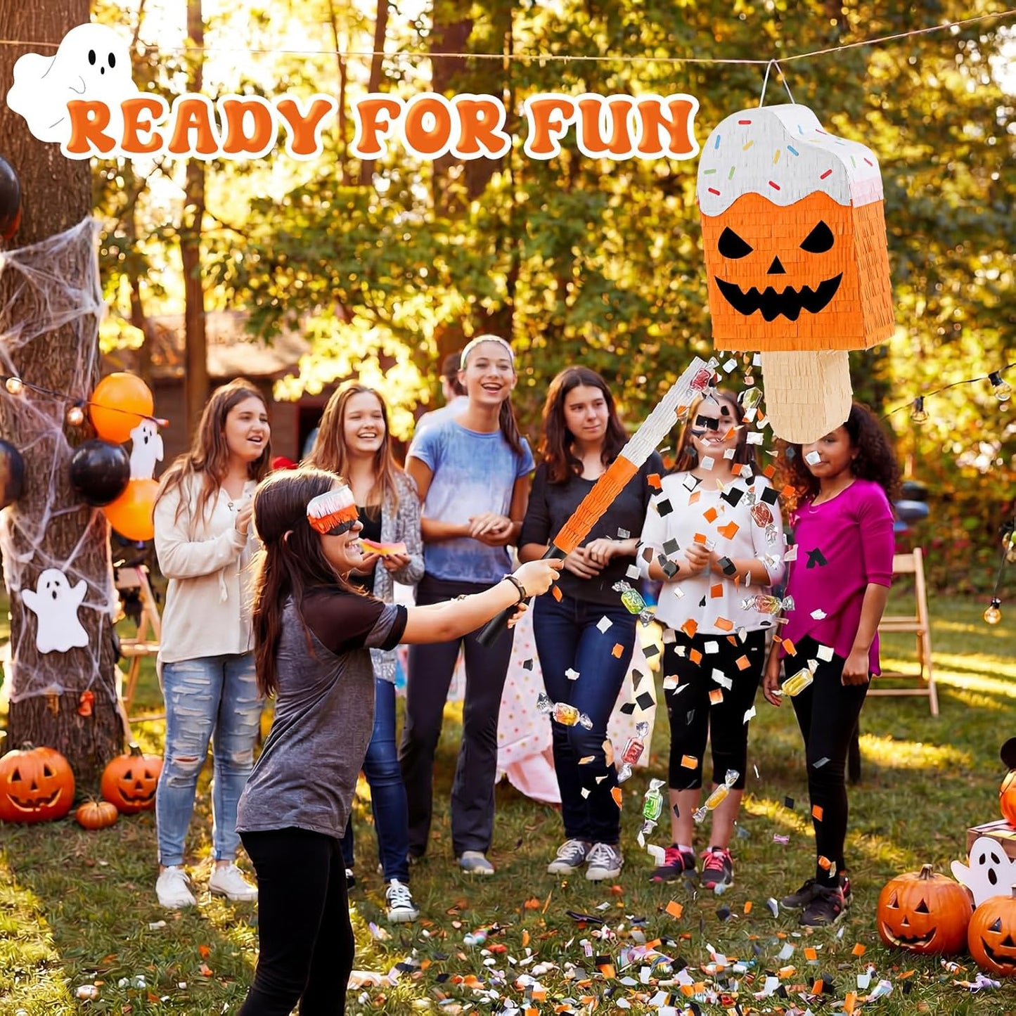 Blueweenly Summer Halloween Ice Cream Piñata Halloween in Summer Piñata with Stick Blindfold Confetti for Party Decorations Photo Prop Party Supply 15.75''x 8.27''x 3.15''