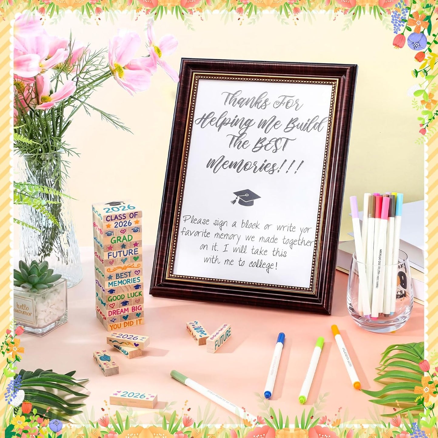 Gerrii 72 Pcs 2026 Graduation Guest Book Alternative for Sign in, 54 Wooden Block 16 Pens and Grad Photo Frame for Congrats Grad Party Supplies College High School (Black Photo Frame)