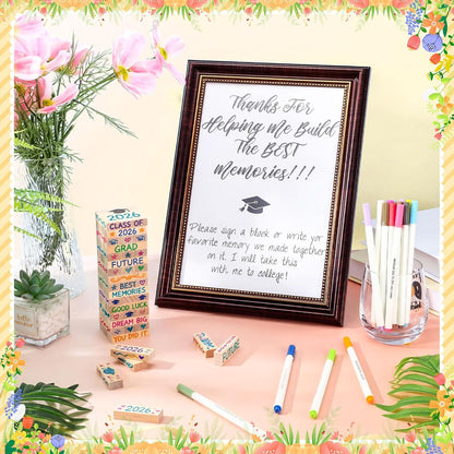 Gerrii 72 Pcs 2026 Graduation Guest Book Alternative for Sign in, 54 Wooden Block 16 Pens and Grad Photo Frame for Congrats Grad Party Supplies College High School (Black Photo Frame)
