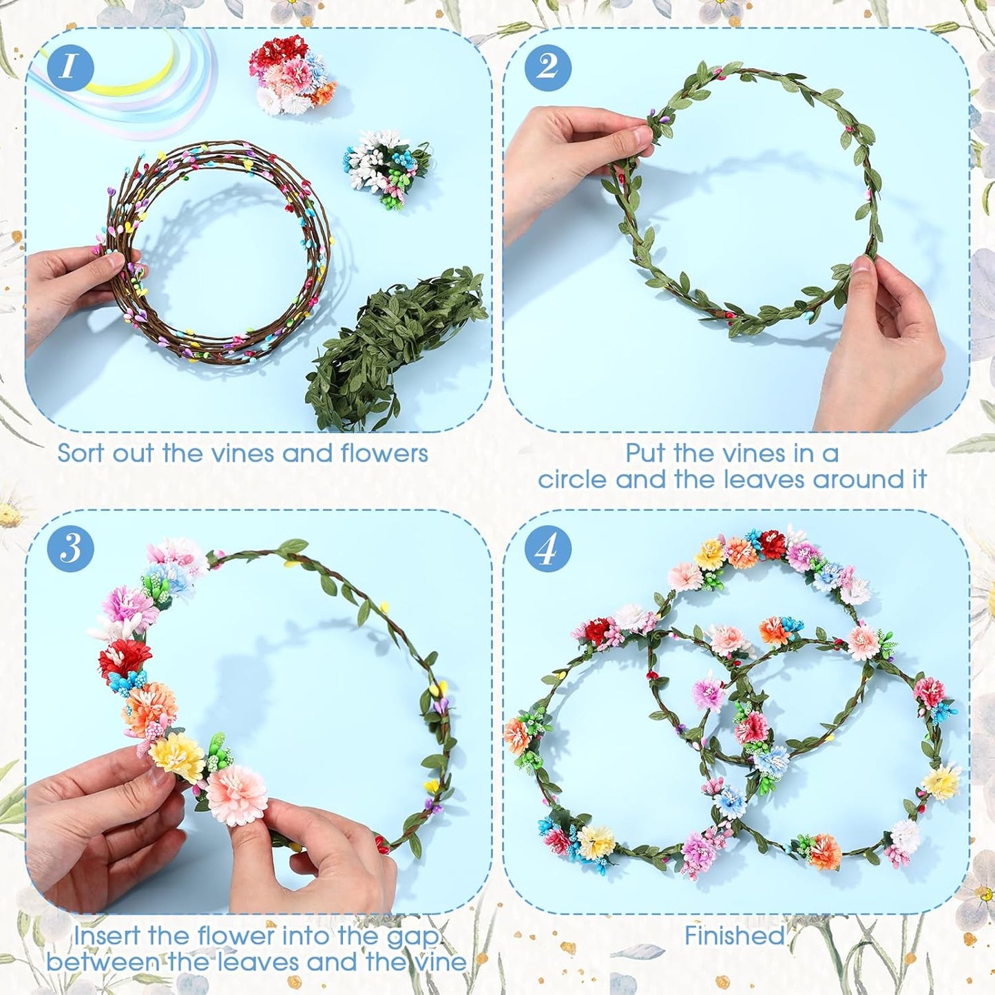 Zeyune 20 Sets Spring Tea Party Favor Flower Crowns Making Kit, Make Your Own Flower Crown Wreath Garland Headbands Craft Kit Handmade DIY Fairy Floral Hair Accessories Gift for Women(Daisy)