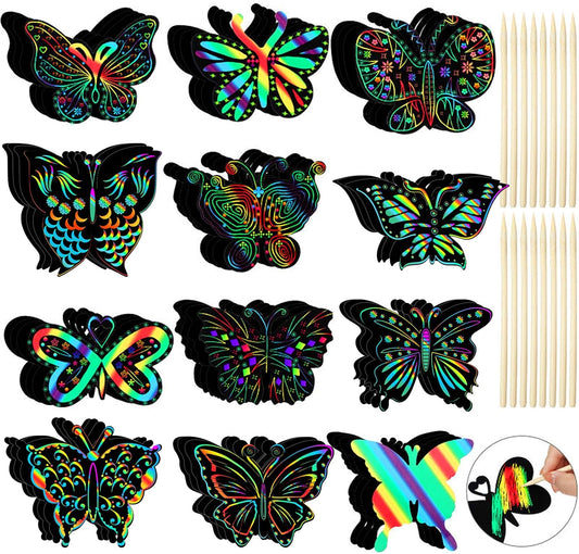 Sratte 48 Pcs Butterfly Scratch Cards for Kids Rainbow Christmas Scratch Crafts 12 Styles Scrape Off Butterfly Party Favors for DIY Crafts Home Decoration Art Project Games, with Bamboo Stylus