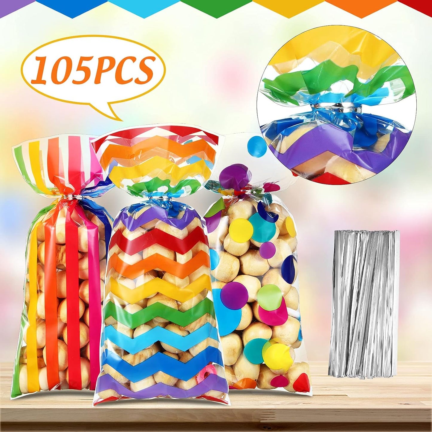 105 Pcs Rainbow Cellophane Treat Bags Bulk Rainbow Party Favor Goodie Gift Bags with Twist Ties for Candy Cookie Birthday Classroom Wedding Anniversary Baby Shower Party Supplies