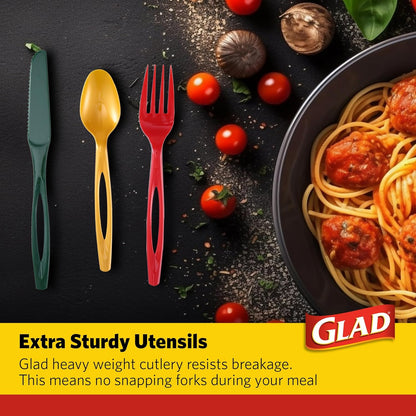 Glad Clear Disposable Cutlery Set with Heavy Duty Plastic Forks, Knives, and Spoons, Reusable Dishwasher Safe Plastic Utensils for Parties and Everyday Use, 240 Count