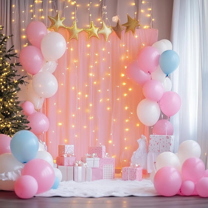 Fomcet Tulle Backdrop Curtains with Lights String White 10FT X 8FT Sheer Curtain with Lights Tulle Curtains Backdrop for Wedding Birthday Party Baby Shower Photo Shoot (2 Panels 5x8FT)