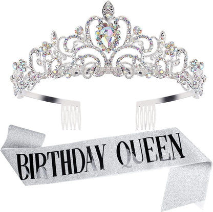 COCIDE Birthday Queen Sash & Rhinestone Tiara Set Gold Happy Birthday Crowns for Women Party Decoration Kit Rhinestone Headband for Women Glitter Crystal Hair Accessories for Cake Topper