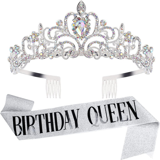 COCIDE Birthday Queen Sash & Rhinestone Tiara Set Gold Happy Birthday Crowns for Women Party Decoration Kit Rhinestone Headband for Women Glitter Crystal Hair Accessories for Cake Topper