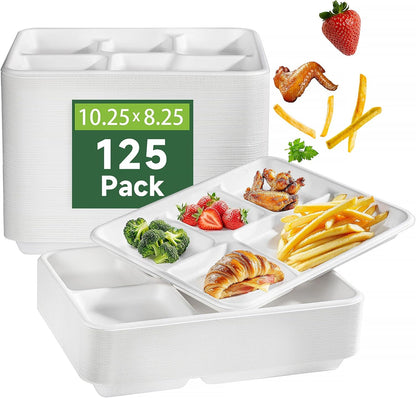 WELLIFE 100% Compostable 5 Compartment Paper Plates, 100 Pack Disposable School Lunch Trays Divided Plates for Adult Youth, 12.5 * 8.6 inch Heavy Duty Eco-Friendly Bagasse Plate for Buffet and Party