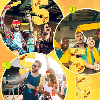 Soulchen Softball Number Piñata Set 16 Inch Yellow Softball Piñata with Blindfold Bat Confetti for Ball Sports Themed Birthday School Party Supplies Outdoor Game Decoration(Number 5)