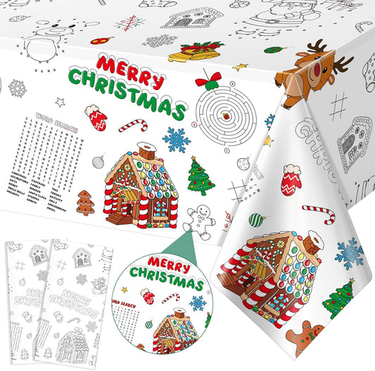 1Pack Christmas Coloring Tablecloth for Kids, Disposable Xmas Paper Tablecloth, Santa Merry Christmas Color-in Activity Table Cover for Kids Xmas Winter Holiday Party Decorations, 54x108Inch