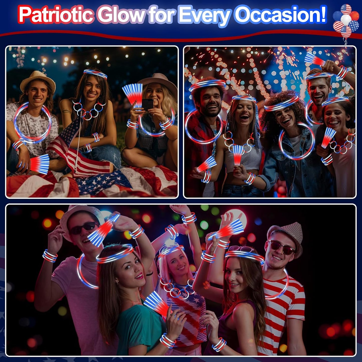 100 Pcs 4th of July Party Favors Glow Sticks with Connectors,Patriotic Glow Stick Red White Blue 3 in 1 Glow Bracelets and Necklaces 4th of July Accessories for Independence Day 250th Anniversary