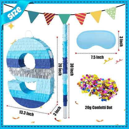 PCFING 20 Inch Number 3 Piñata Blue Silver with 30 Inch Piñata Stick Blindfold Confetti for Boys Girls Adults Birthday Party Decorations, Anniversary Celebration, Fiesta