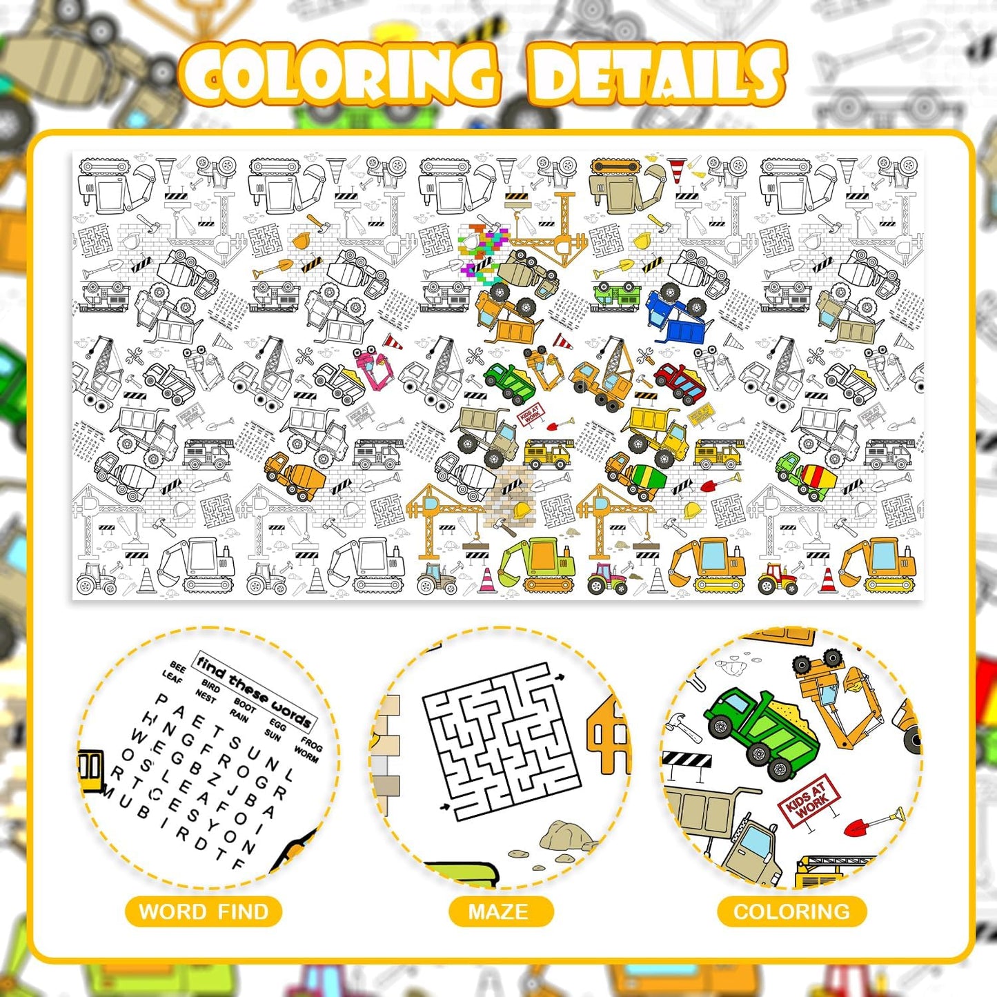 Giant Construction Party Coloring Tablecloth for Kids - Huge Construction Theme Table Cover Large Dump Truck Vehicle Painting Poster for Children Birthday Party Supplies 54x108 Inch