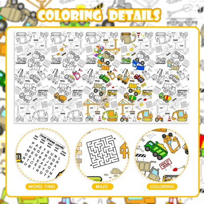 Giant Construction Party Coloring Tablecloth for Kids - Huge Construction Theme Table Cover Large Dump Truck Vehicle Painting Poster for Children Birthday Party Supplies 54x108 Inch