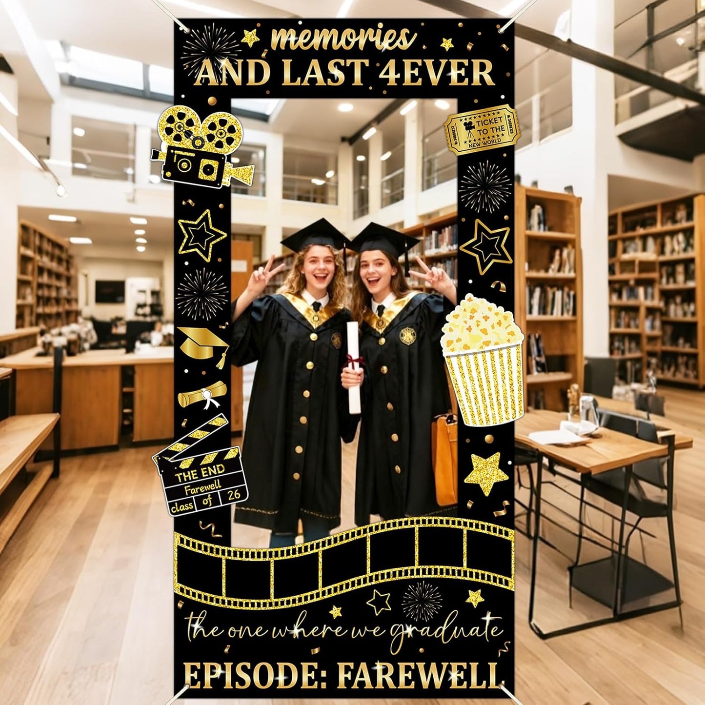 Graduation Decorations Class of 2026 Graduation Party Photo Booth Prop Black Gold Movie Background Congrats Grad Backdrop Banner for Middle High School College Party Decorations