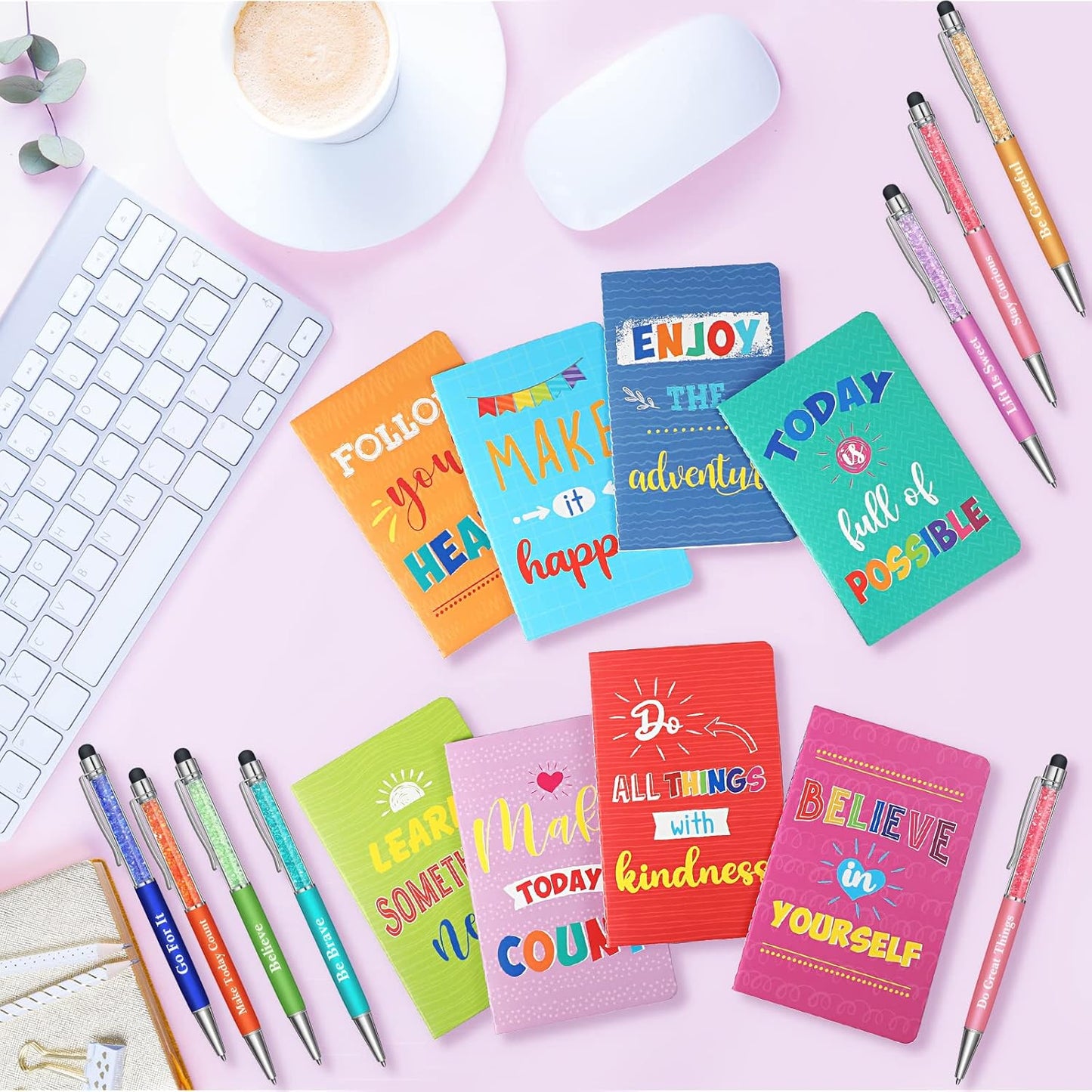 Funrous 32 Pcs Motivational Quote Pens Inspirational Notepads Mini Journal with Ballpoint Pen Small Notebooks Gift for Men Women Coworker Adult Party Favors Prize Teacher Student Office(Stylish)