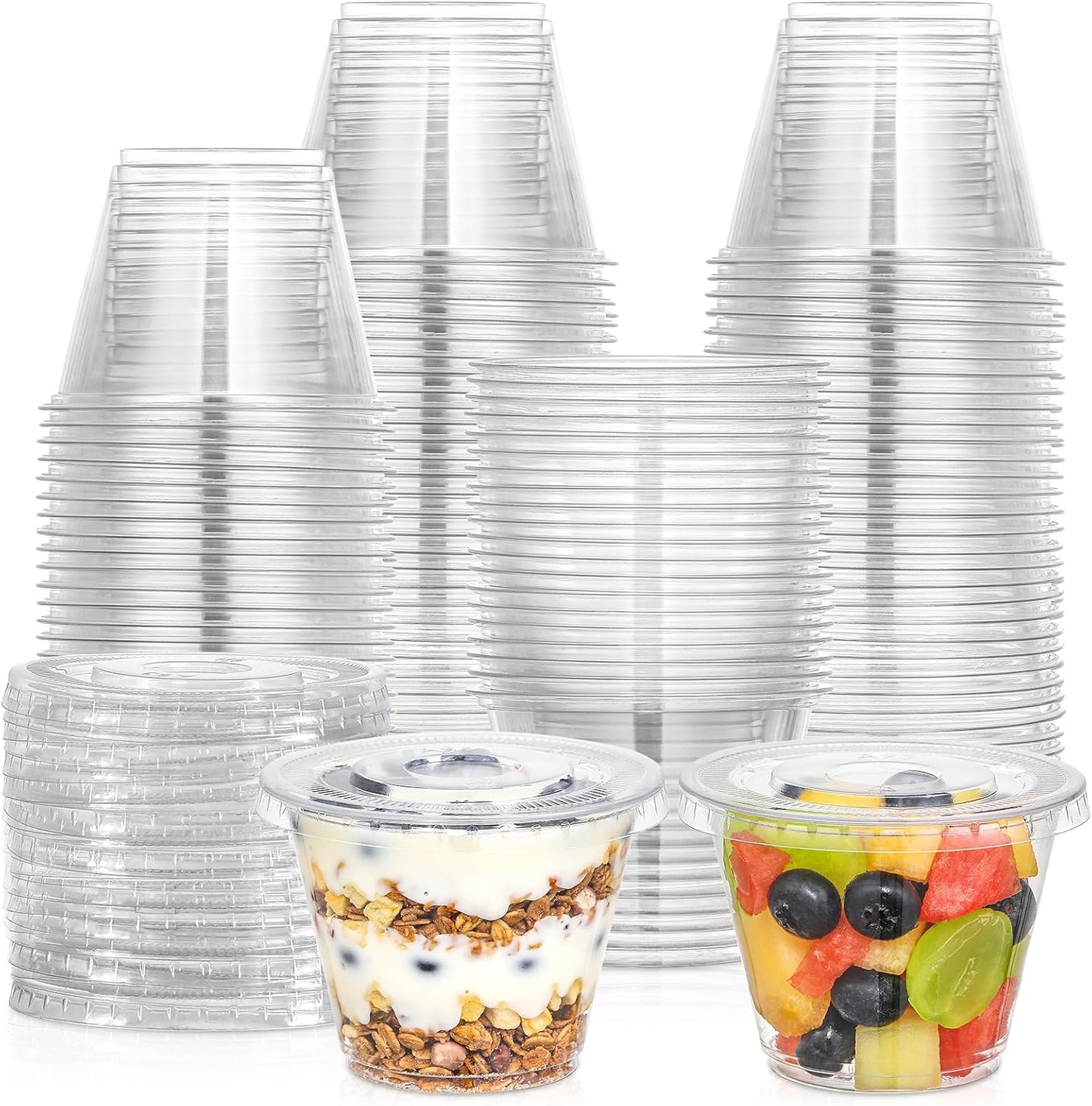 AOZITA [50 Sets, 9 oz Clear Plastic Cups With Flat Lids No Hole, Disposable Cups With Lids for Ice Cream, Pudding, Cake, Snacks Smoothie, Milkshake, Cold Drinks