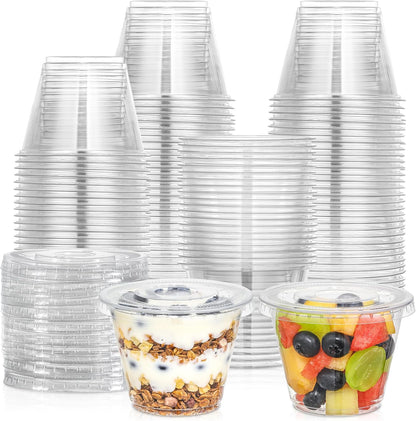 AOZITA [50 Sets, 9 oz Clear Plastic Cups With Flat Lids No Hole, Disposable Cups With Lids for Ice Cream, Pudding, Cake, Snacks Smoothie, Milkshake, Cold Drinks